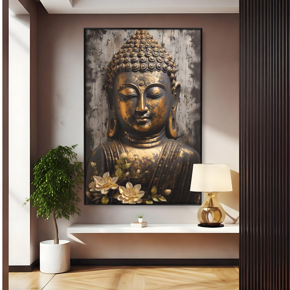 Tablou canvas cu tablou canvas cu capul lui buddha, in rama de aluminiu negru